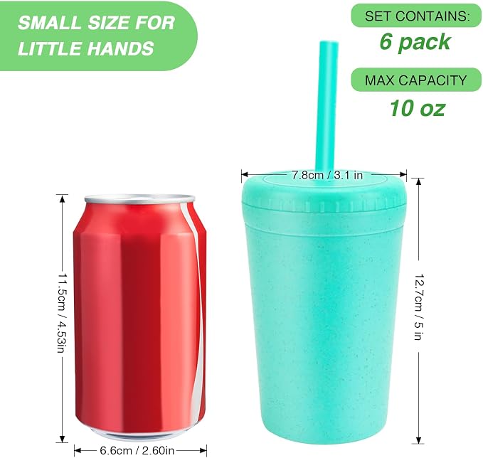10 oz Wheat Straw Cups with Lids and Silicone Straws,6 Pcs Drinking Glasses | Unbreakable Plastic Cups for Kitchen, Small Tumbler Straw Cups with Cleaning Brush, BPA Free, Dishwasher & Microwave Safe