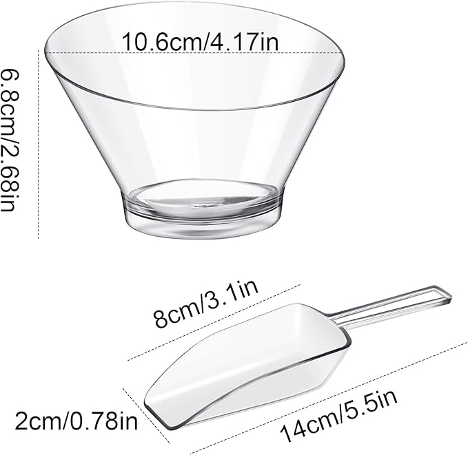 Sawysine Plastic Clear Serving Bowls with Kitchen Plastic Scoops | 24 Pcs Salad Serving Bowls Popcorn Scoops Angled Candy Container for Salad Cooking Parties