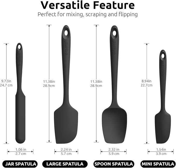 U-Taste Silicone Spatula Set with 600 Degrees Fahrenheit Heat Resistant (Black) | Food Grade Hot-Proof Seamless Rubber Scraper, Kitchen Flexible Silicon Cooking Utensil Set, Diswasher Safe Baking Supplies