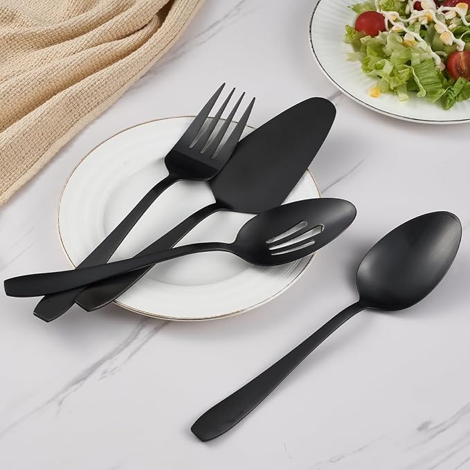 Matte Black Serving Set 4PCS Stainless Steel Hostess Utensils | Include: slotted spoon serving spoon serving fork and cake server, for buffets/gatherings/daily meals, dishwasher safe