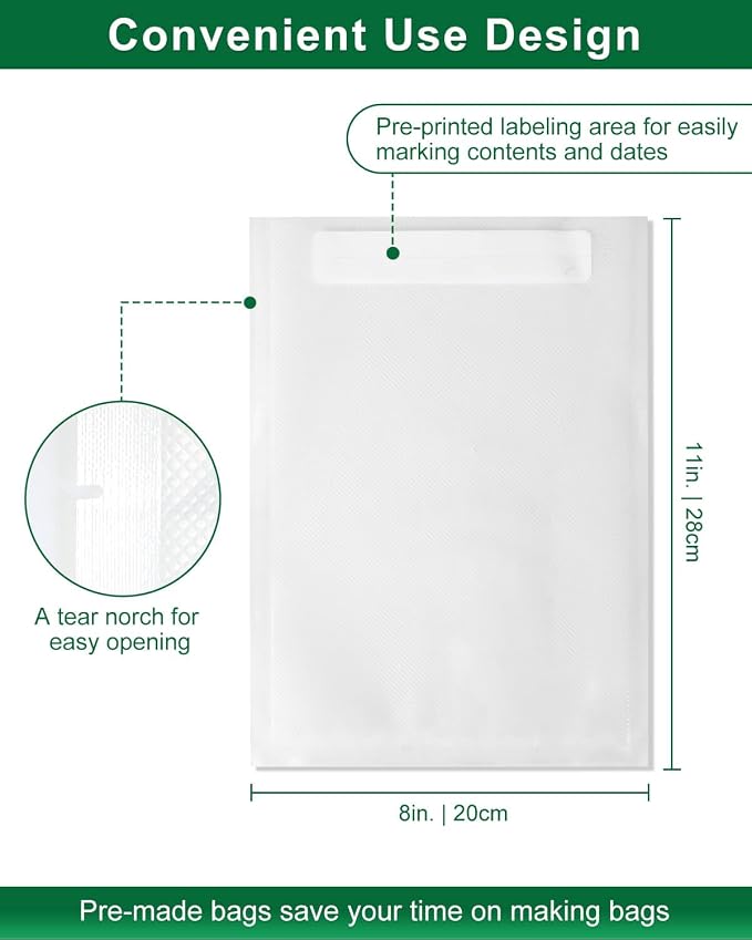 Quart Vacuum Sealer Bags for Food, 8x11 Inch with Label Area | Heavy Duty BPA-free Vacuum Seal Bags for Food Saver, Freezer Storage, Seal a Meal, Sous Vide, Meal Prep, Precut 100 count