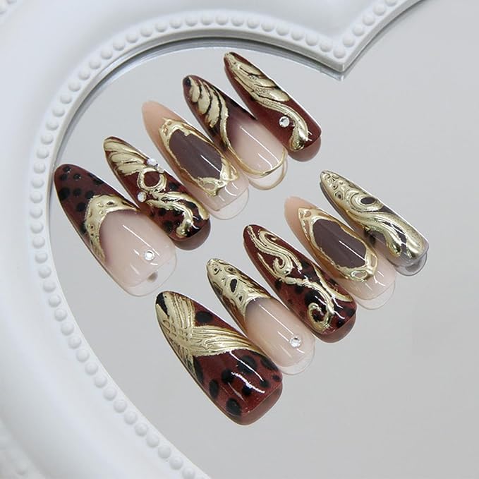 30Pcs Long Stiletto Press On Nails Gold Chrome Fake Nails with 3D Rhinestone Design Amber Gilding Nude Full Cover Acrylic Nails French Tip Glue On Nails Metal False Nails Luxury Manicure Set for Women