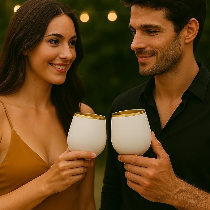 Oojami 40 Pack Disposable Plastic Wine Glasses 12 Oz Stemless Gold Rim Cups | BPA-Free Unbreakable Cocktail Champagne Whiskey Cups, White Matte, for Wedding Party Bars Home Office, Oojami Fancy Drinkware