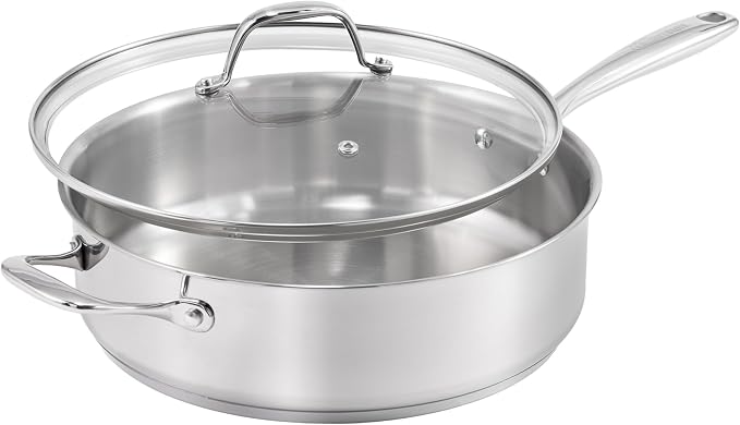 Guy Fieri's Flavortown 5 Qt Stainless Steel Sautepan with Lid | Premium Three-Layer Base Cookware, Oven-Safe up to 500F