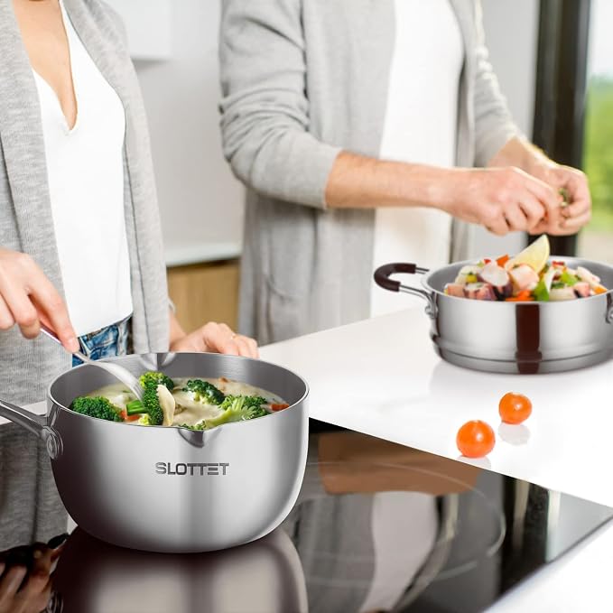 SLOTTET 3.5 Quart Stainless Steel Saucepan with Pour Spout, Tri-Ply Full Body Small Multipurpose Pot with Strainer Glass Lid, 3 Qt Sauce Pan for Cooking with Stay-cool Handle.