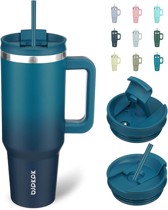 BJPKPK 40 oz Insulated Tumbler with Handle & Straw, Stainless Steel | Double Wall Vacuum Insulation, Leak Proof, BPA Free, Dishwasher Safe, Cupholder Friendly, Travel & Outdoor, Indigo Black