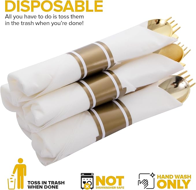 400PCS Pre Rolled Gold Plastic Silverware Set Heavy Duty for Wedding | Wrapped Utensils, Disposable Cutlery, 100 Pack, Durable and Sturdy, BPA free, Includes Napkins, for Party, Event Supplies