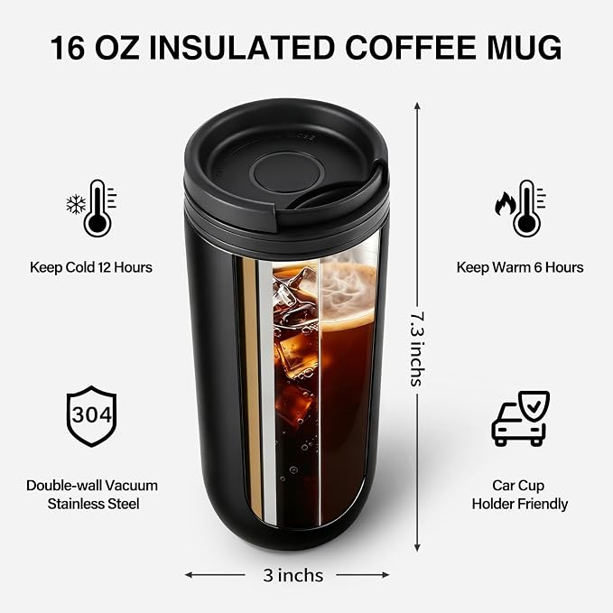 16 oz Travel Coffee Mug with Twist-Open Lid, Leak Proof Coffee Travel Mug, Insulated Tumbler Stainless Steel Coffee Cup For Hot And Iced Cold, Spill Proof Fits Cup Holder (Black)