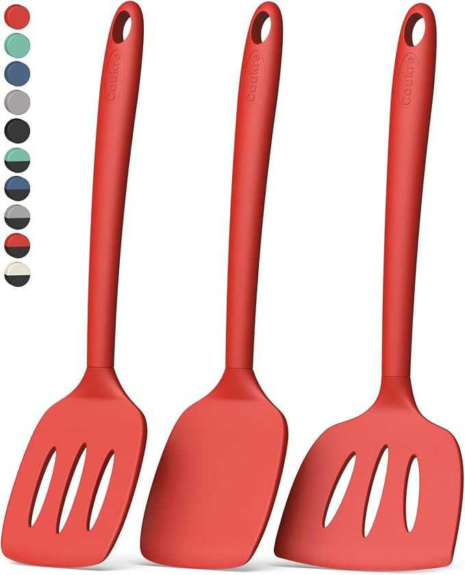 Coukre 3 Pack Silicone Spatula Set, Heat Resistant to 500°F, BPA-Free | Fish Spatula, Solid & Slotted Turners, Dishwasher Safe, Spatula Set for Eggs, Pancakes, Fish & Burgers, PureRed