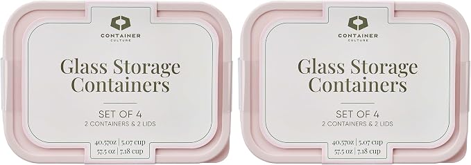 Glass Food Storage Containers with Lids — 8 Piece — 57.5 oz & 40.57 oz Glass with BPA-Free Leakproof Stackable Lids — Microwave, Oven & Dishwasher Safe — Ideal for Meal Prep & More - Berry Blush