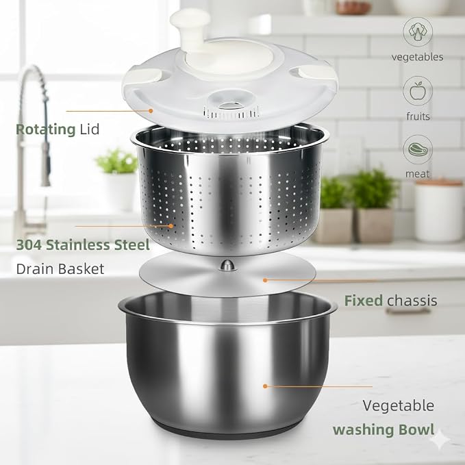 6L-Stainless Steel Salad Rotator, Non-Slip Base, Vegetable Dishwasher, Multi-Use Lettuce Spinner, Kitchen Strainers.