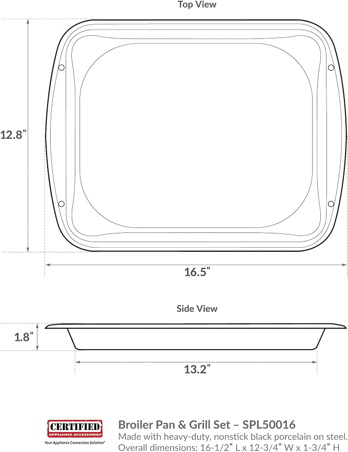 Large 2-Piece Broiler Pan & Grill Set Porcelain-on-Steel 16-1/2"x12-3/4"x1-3/4", Universal, Whirlpool, Broiler Pan for Oven, Black