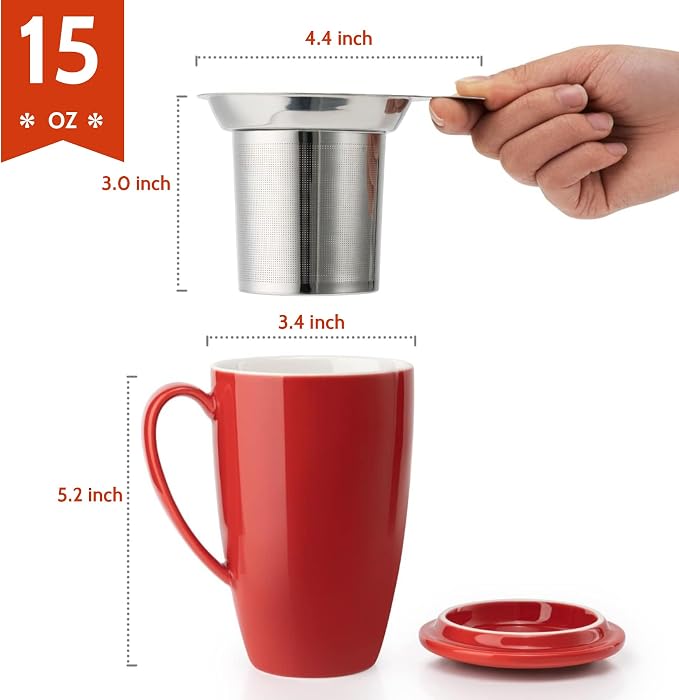 Sweese 15 OZ Porcelain Tea Mug with Infuser and Lid, Loose Leaf Tea Cup, Gifts for Tea Lover, Red