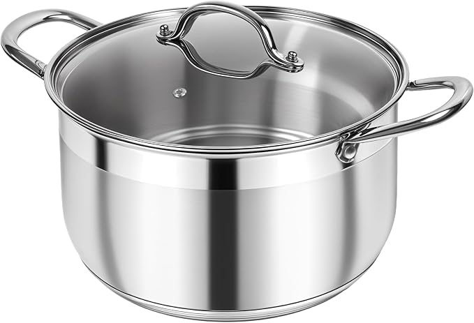Kirecoo 5 Quart Stainless Steel Induction Stock Pot with Visible Lid | Heavy Duty, Even Heat, Thick Nonstick Base, Deep Cookware for Soup Pasta & Spaghetti, Ideal for Canning, Boiling & Simmering