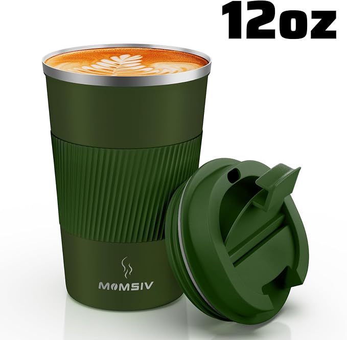 MOMSIV 12oz Travel Coffee Mug, Insulated Coffee Cup with Leak Proof Lid | 6-Hour Heat Retention, 360°Leak proof, Vacuum Stainless Steel Double Walled, BPA-free, Reusable And To Go Coffee Mug