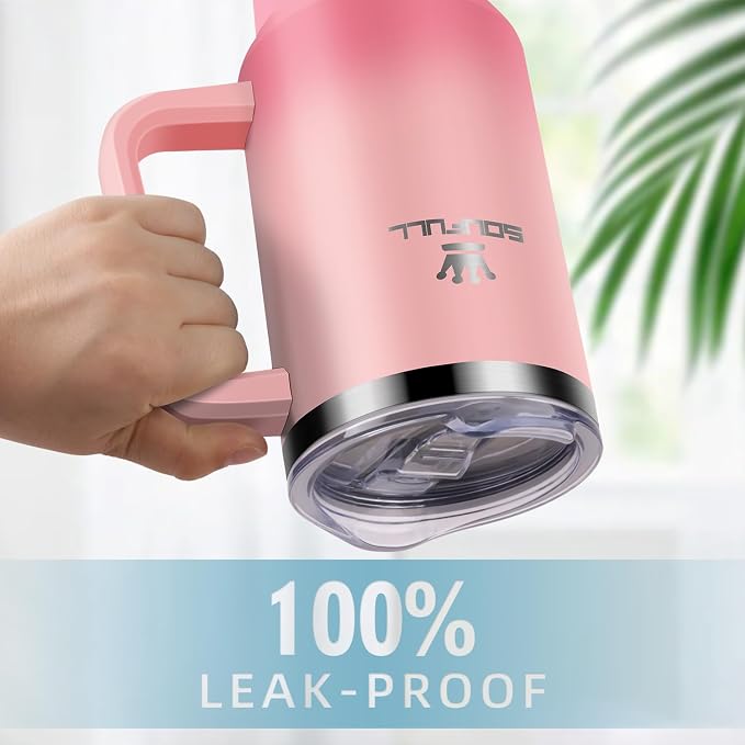 Soufull 40 oz Tumbler with Handle and Straw Lid, 100% Leak-proof, PinkRed | Stainless Steel Insulated Travel Coffee Cup, Keeps Cold 34Hrs or Hot 10Hrs, Dishwasher Safe