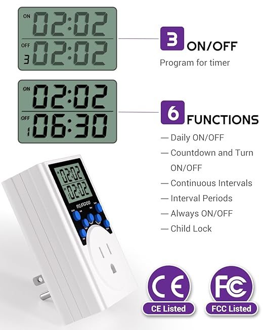 NEARPOW Programmable Digital Timer Outlet, Infinite Cycle, 2-Pack | Indoor 15A/1800W for Electrical Outlets, Multiple Daily Timers, Customized Countdown, Energy-Saving, Child Lock, 3-Prong