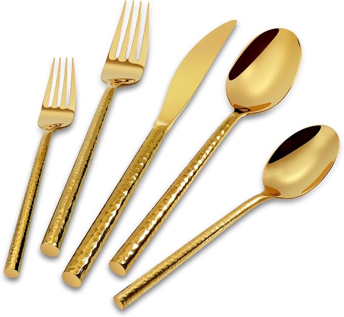 Gold Silverware Set 40 Piece Hammered Round Handle Service for 8 | 18/10 Stainless Steel Flatware Set, Heavy Duty Utensil, Cutlery Set for Home Party Wedding, Mirror Polished Dishwasher Safe