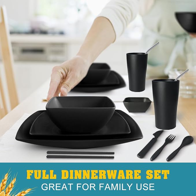 Teivio 88-piece With Flatware Plastic Kitchen Wheat Straw Square Dinnerware Set for 8, Unbreakable Dinner/Salad/Appetizer Plates, Snack Bowls, Dipping Sauce Cups,Tumblers, Dishwasher Safe Dish,Black