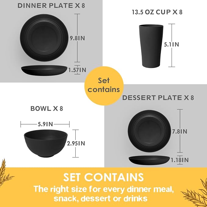 Teivio 32-Piece Plates and Bowls Sets for 8, Deep Black Dinnerware Sets | 13.5oz Cups, Plastic Wheat Straw Unbreakable Dish Set, Dishwasher Safe, for Outdoor Camping RV Apartment Essentials Plate Set