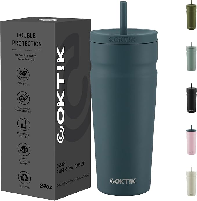 COKTIK 24oz Insulated Tumbler with Lid and Straw Iced Coffee Cup Reusable Stainless Steel Travel Mug Water Bottle Cupholder Friendly for Women Men Her Him (Twilight Fog)