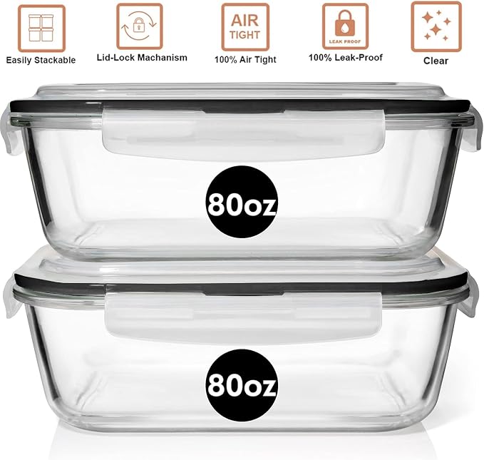 Razab 10 Cups/ 80 Oz 4 Pc (Set of 2) Glass Food Storage Containers with Airtight Locking Lids For Storing & Serving Food. BPA Free & Leak Proof - Microwave, Dishwasher, Fridge, Freezer, Oven Safe