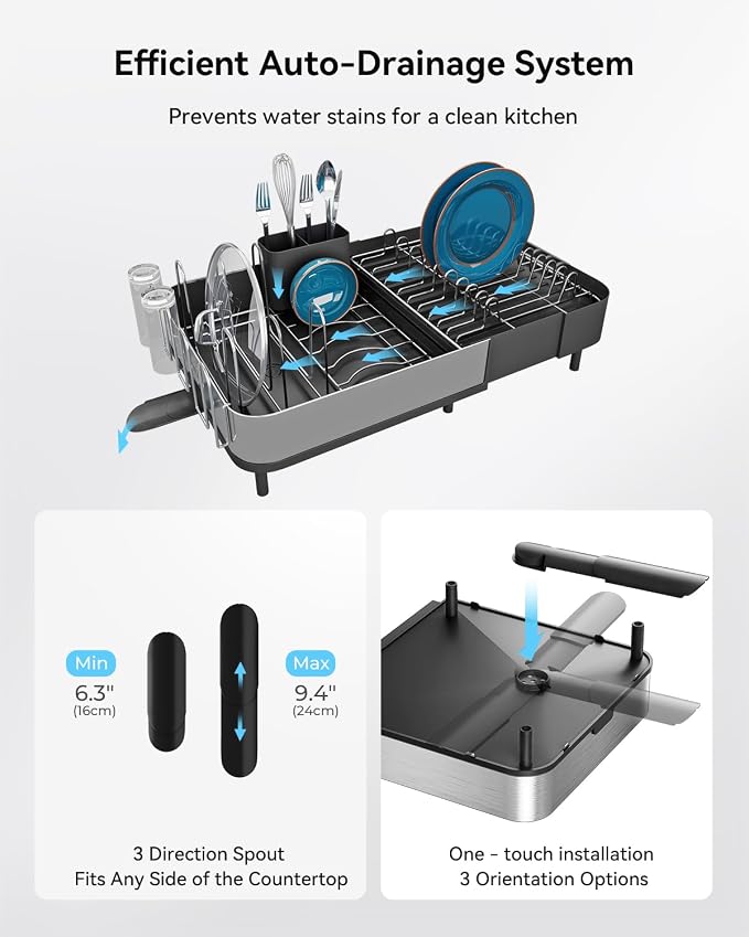 Dish Drying Rack, Expandable 304 Stainless Steel Kitchen Organizer, Black | 304 Stainless Steel for Rust Resistance, Auto-Drainage for a Dry Countertop, Flexible Storage for Dishes, Pans & Utensils
