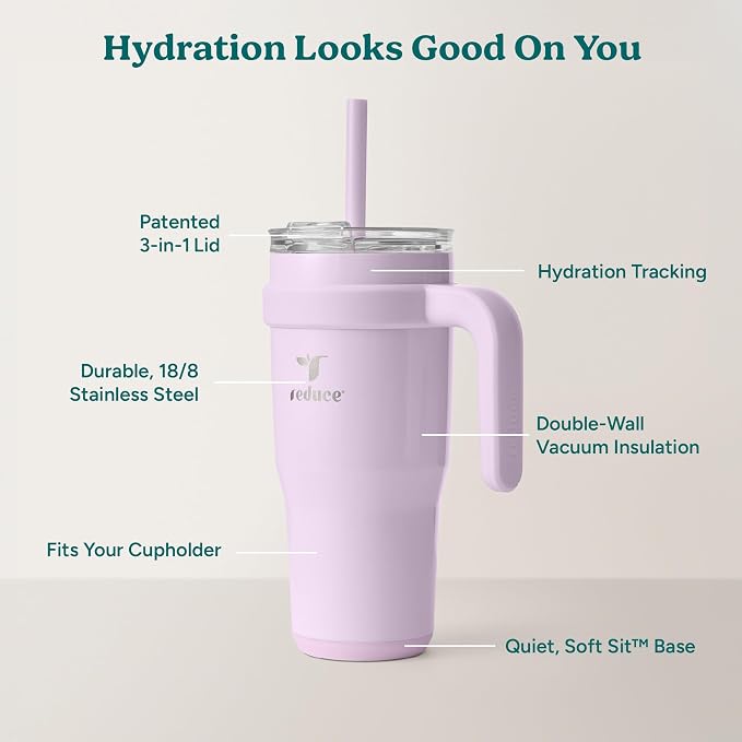 REDUCE 24 oz Stainless Steel Tumbler with Handle - Dual-Wall Vacuum Insulated Travel Mug, Sweat-Proof Lid & Reusable Straw - Keeps Drinks Cold for 24 Hrs, Fits Cupholders, Dishwasher Safe - Lilac Bud
