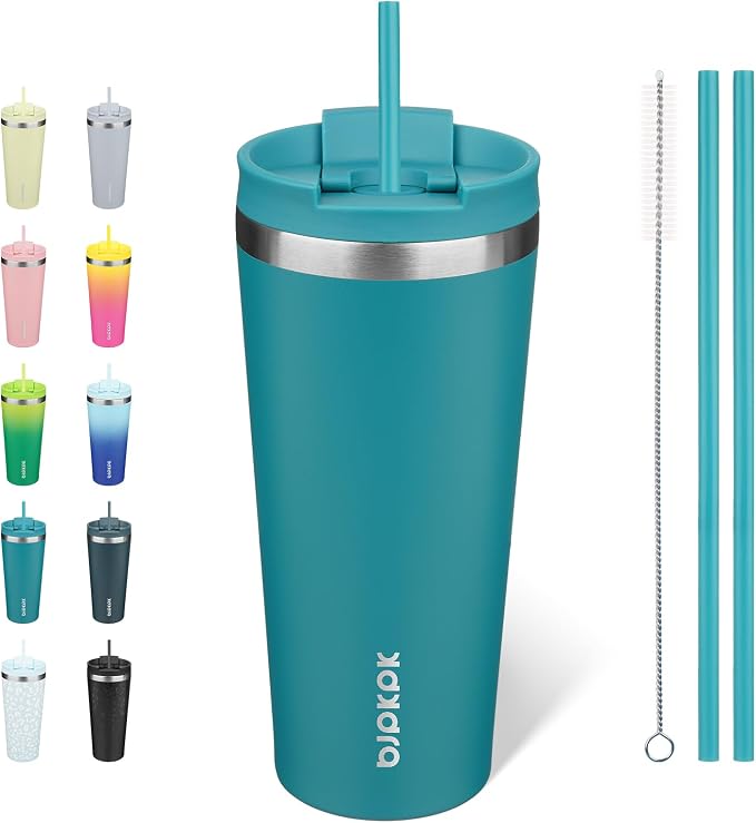 BJPKPK 22 oz Coffee Tumbler with Straw, Insulated Stainless Steel Cup | Double Wall Vacuum, Leak Proof Lid, Keeps Hot/Cold/Iced, BPA Free, Dishwasher Safe, Cupholder Friendly, Travel, Laguna