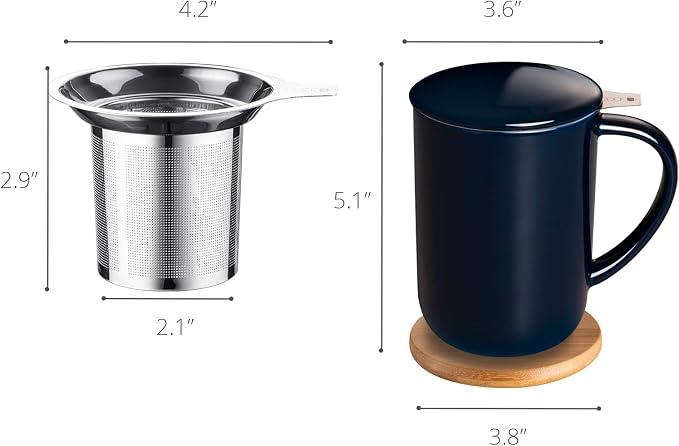 CEEFU 16oz Porcelain Tea Mug with Infuser, Lid and Coaster | Teaware with Filter, Loose Leaf Tea Cup Steeper Maker, Tea/Coffee/Milk/Women/Office/Home/Gift, Navy Blue