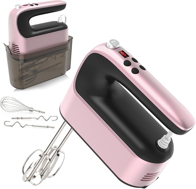 Yomelo 9-Speed Digital Hand Mixer Electric, 400W Powerful DC Motor, Hand Mixer Electric Handheld with Snap-On Storage Case, 5 Stainless Steel Accessories, Beaters, Dough Hooks, Whisk(Rose Gold)