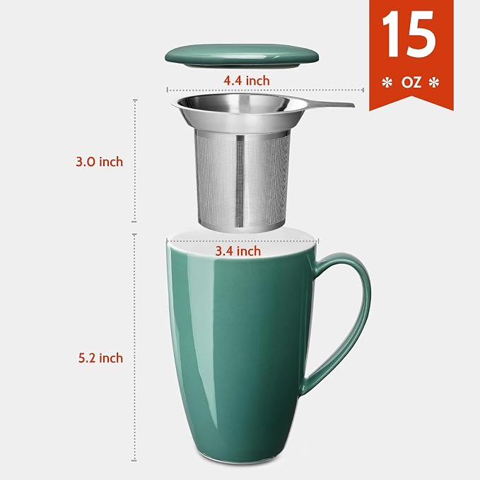 Sweese 15 OZ Porcelain Tea Mug with Infuser and Lid, Loose Leaf Tea Cup, Gifts for Tea Lover, Sage Green
