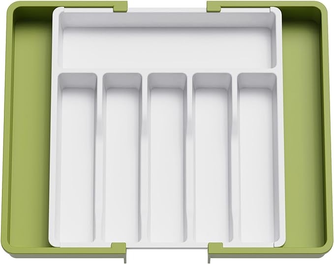 Lifewit Extra Large Silverware Drawer Organizer, Expandable Utensil Tray for Kitchen, BPA Free Flatware Cutlery Holder, Adjustable Plastic Storage for Spoons Forks Knives, 13-22 x 15, Green&White