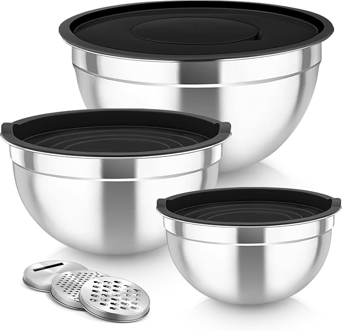 TeamFar Mixing Bowls, Stainless Steel Nesting Salad Bowls Set | Mixing Bowls with Lids & 3 Grater Attachments, For Mixing/Serving/Storing, Non-toxic & Long-lasting, 4.6/3/1.5 QT, Black
