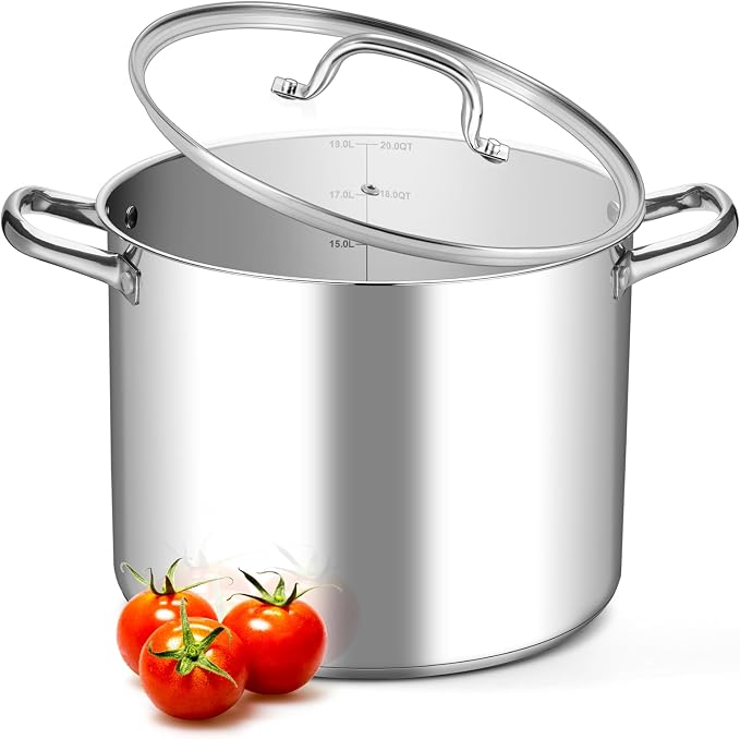 Leonyo 20 Quart Stainless Steel Cooking Pots, Large Stock Pot Cookware | Visible Lid & 3-Ply Base for All Stoves, Heat-conducting & Large