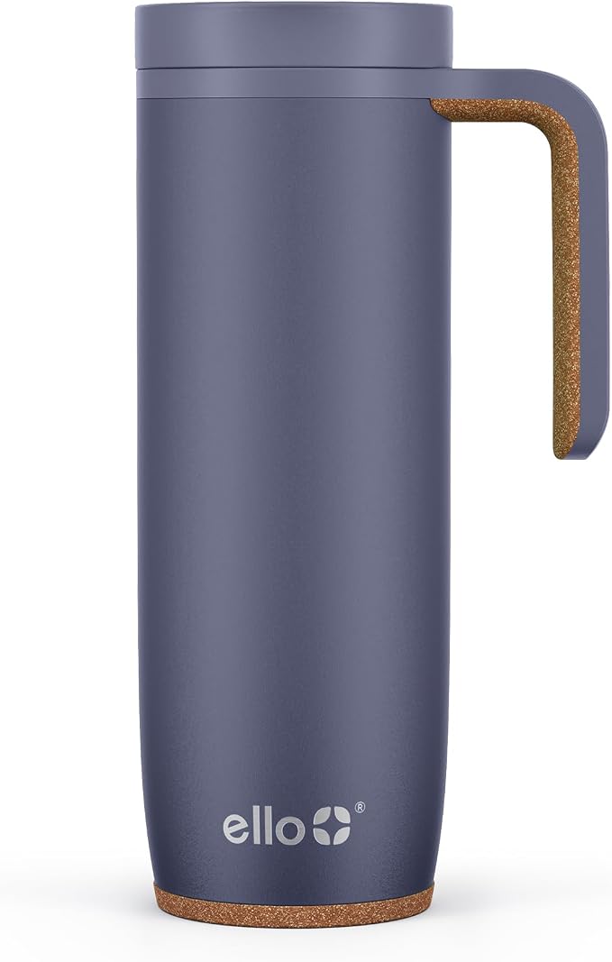 Ello Magnet 18oz Insulated Stainless Steel Travel Mug with Handle, Shadow | Leakproof coffee tumbler with side handle and cork coaster. BPA-free, keeps drinks hot for 5 hours, great for coffee and tea.