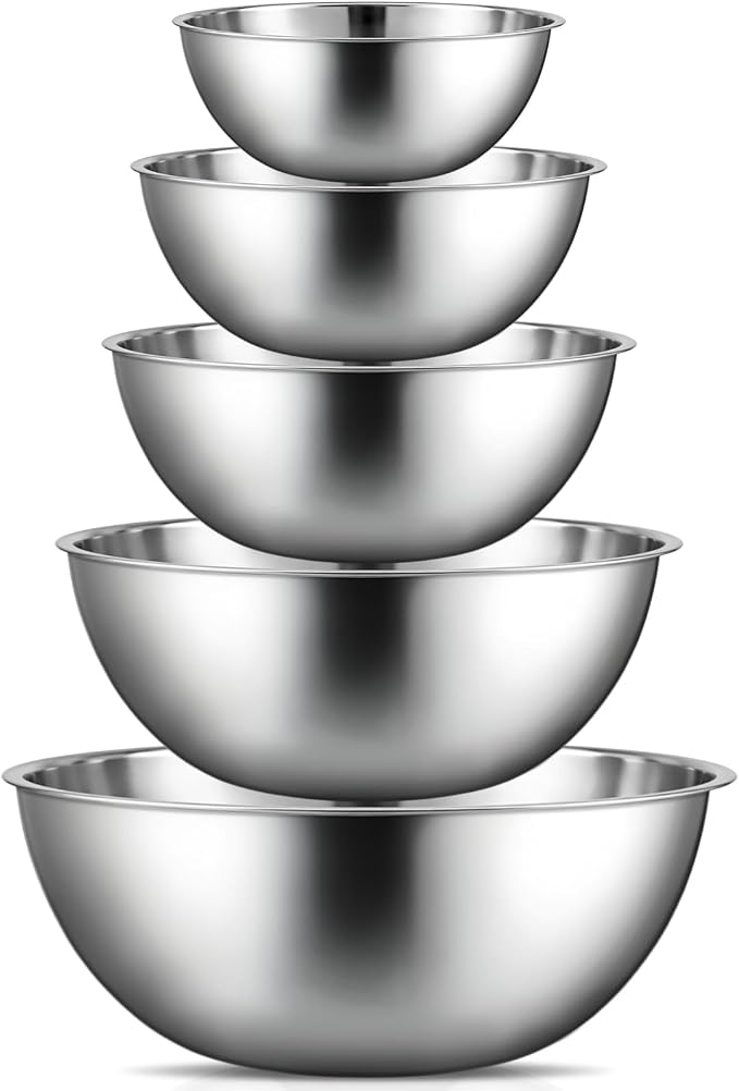 Stainless Steel Mixing Bowls Set - 5-piece Polished Mirror Nesting Bowls 1.25, 2.75, 4.25, 6.25, 8 Quart Thickened Material Ideal for Kitchen, Cooking, Baking and Storage, Deep