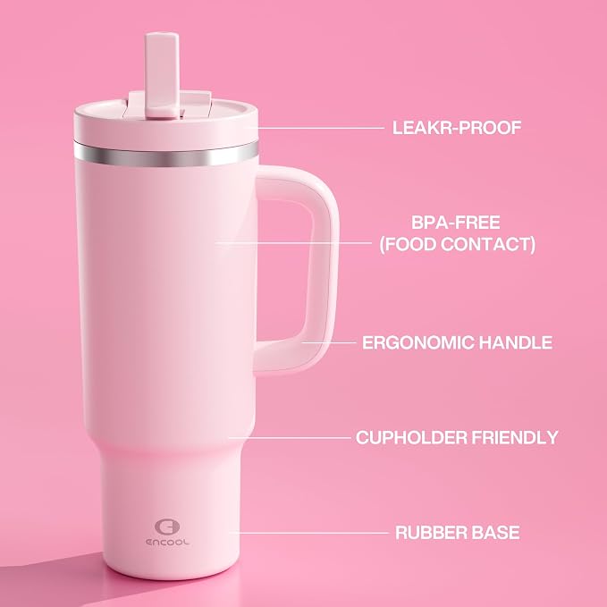 ENCOOL 40 oz Tumbler with Handle and Straw: Stainless Steel Insulated Tumbler Keeps Cold for 24 Hours, Leakproof Travel Cup Fits in Cup Holder and BPA-Free, Cotton Candy