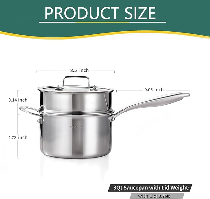 DELARLO Tri-Ply Whole-Clad Stainless Saucepan 3.5 Quart Steamer Set