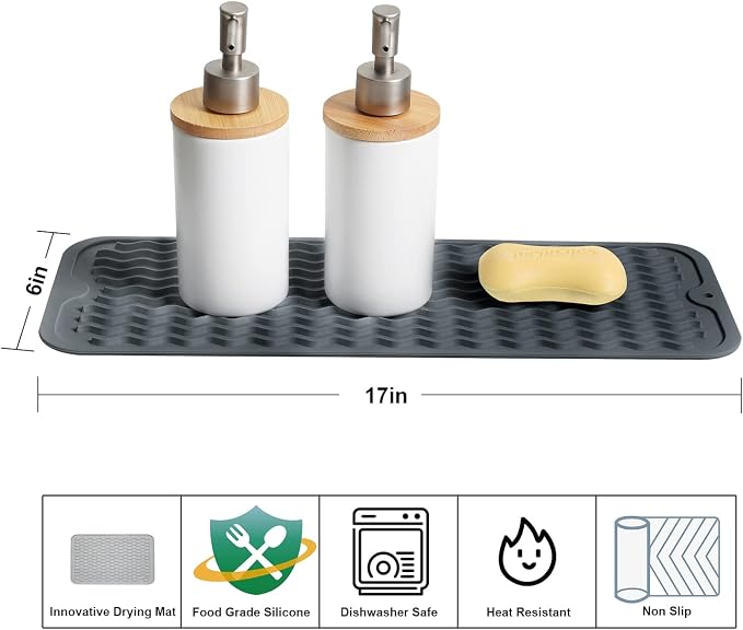 ZLR Small Dish Drying Mat for Kitchen Counter, 6"x17", 2-Pack, Dark Gray | Narrow Silicone Drainer for Apartment, Dorm & RV, Wavy Ridges Quick-Dry, Non-Slip, Rolls Up, Dishwasher Safe
