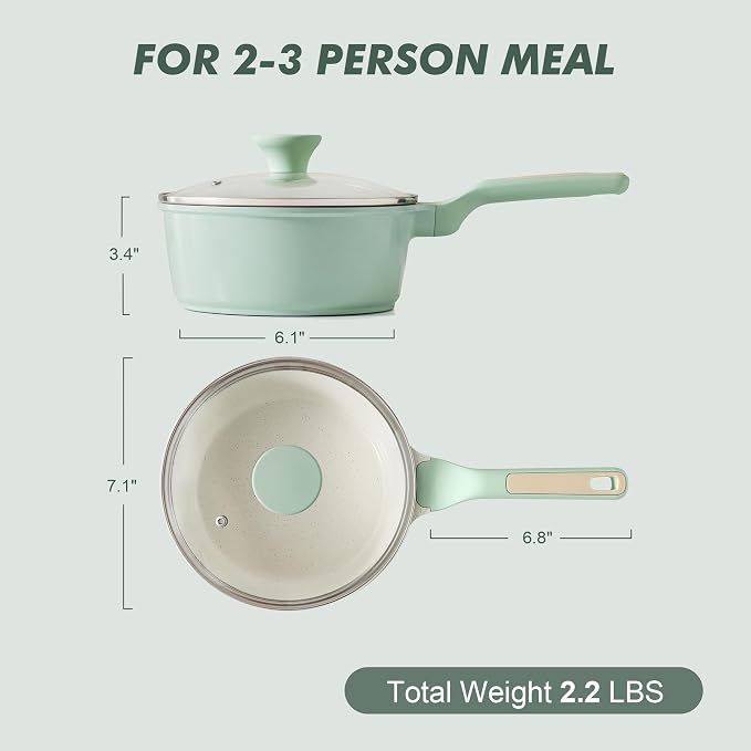 SENSARTE Ceramic Nonstick Saucepan with Lid 2.0QT, PTFE/PFAS Free, Green | Kitchen Cooking Pot with Stay Cool Handle, Induction Compatible, Ceramic Coating