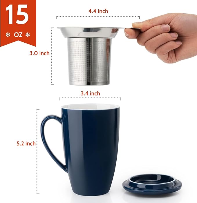Sweese 15oz Ceramic Tea Cup with Infuser and Lid, Microwave and Dishwasher Safe, Extra-Fine Loose Leaf Tea Steeper, Comfortable Handle, Tea Set in Gift Box, Dark Blue