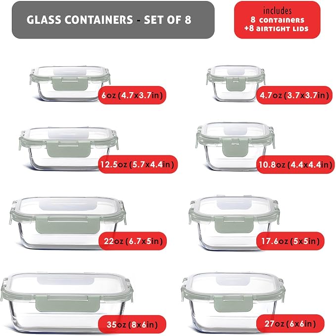 EATEX 16pc Glass Storage Containers with Lids, 8 Glass Food Storage Containers with 8 Airtight Lids for Pantry & Kitchen, Meal Prep Containers for Lunch, Oven Freezer Microwave & Dishwasher Safe