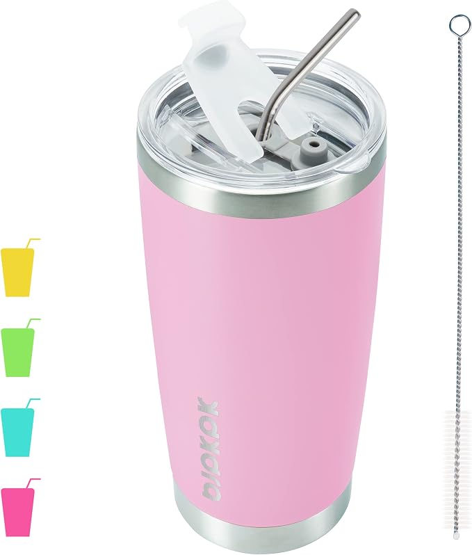 BJPKPK 20 oz Coffee Tumbler with Lid, Straw, Insulated Stainless Steel Mug | Double Wall Vacuum, Keeps Hot/Cold, BPA Free, Leak Proof, Iced Coffee Cup Fit Car Holder, Travel & Beach Ready, Light Pink
