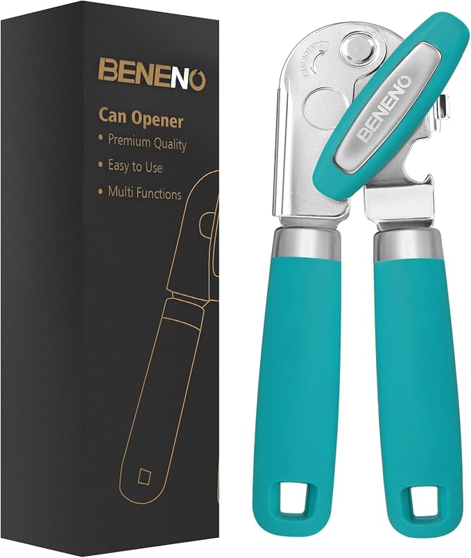 Beneno Heavy Duty Hand Can Opener Manual with Magnet Lid Remover, Turquoise | Razor-Sharp Carbon Steel Blade, Precise Smooth Cutting Gear, Big Effort-Saving Knob, Soft Grip Handle, Built-in Bottle Opener