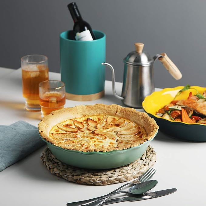 Sweejar Ceramic Pie Pan, 10 Inches Round Baking Dish for Dinner(Green) | Non-Stick Plate With Soft Wave Edge for Apple, Pumpkin, Pot Pies