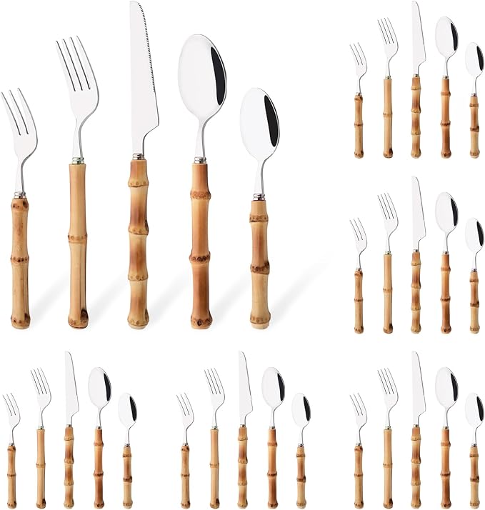 30PCS Silverware Set for 6, Bamboo Handle Flatware Set, Stainless Steel Cutlery Set for Home Restaurant and Party, Bamboo Forks Spoons and Knives Set, Polished Tableware