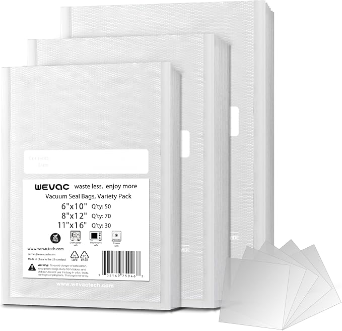 Wevac Vacuum Sealer Bags,150Pcs Gallon 11"x16", Quart 8"x12", Pint 6"x10" | BPA Free, Great Assortment of Sizes, Commercial Grade PreCut Bag, Freezer bags for vacuum sealer, Meal Prep and Sous Vide