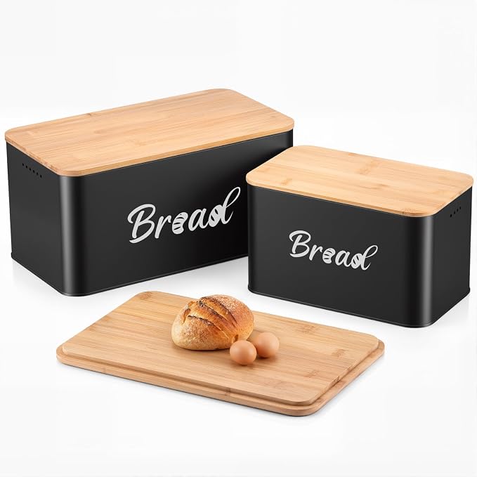 Metal Bread Box Set of 2 with Bamboo Lid, Modern Bread Storage Containers with Air Vents, Bamboo Cutting Board Lid, Farmhouse Kitchen Decor Organizer for Countertop, 2-Size (Large & Small)Black