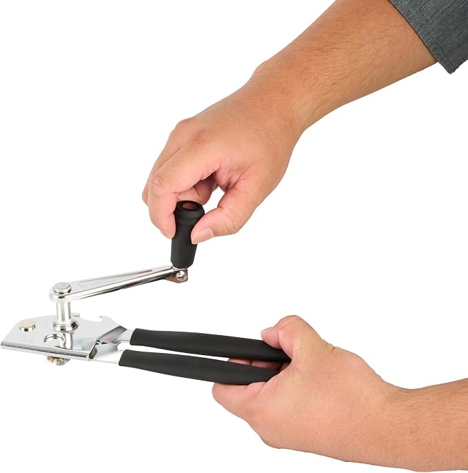 Restaurantware Stainless Steel Magnetic Manual Can Opener - German Standard Black Crank Can Opener with Magnet, Ergonomic Handle, Non-Slip - Heavy-Duty Hand Can Opener, Easy Turn, Sharp Blade